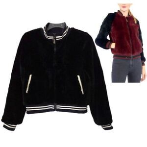 Belle Fare Black Rex Rabbit Fur Bomber Jacket Varsity Striped M Cool Girl Luxury